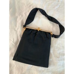 Vintage Rosenfeld Black Faille Goldtone Clasp Crystal Closure Satin-lined Purse